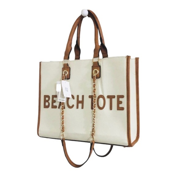 Cee Klein canvas brown trim gold chain strap crossbody‎ ‘beach tote’ tote bag - Picture 16 of 16